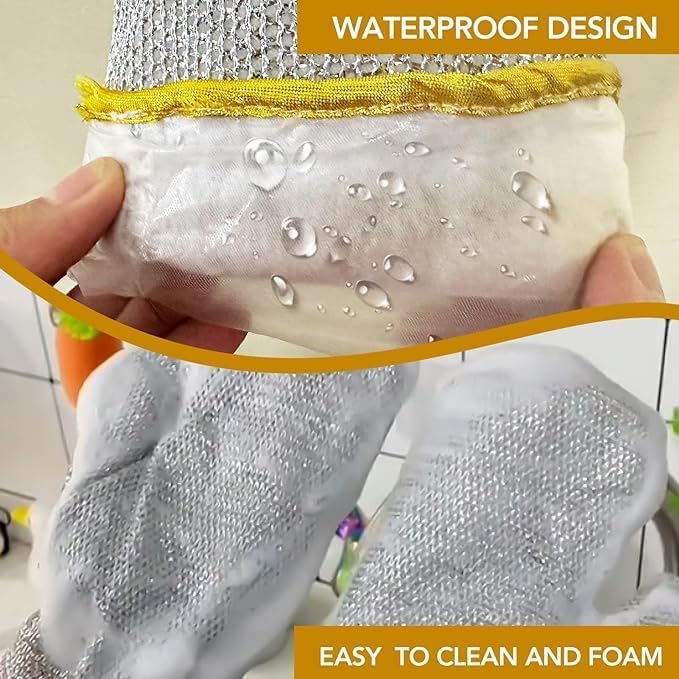 Hand holding a white mesh bag with water droplets, showing waterproof design, with text 'Waterproof Design' and 'Easy to Clean and Foam'.