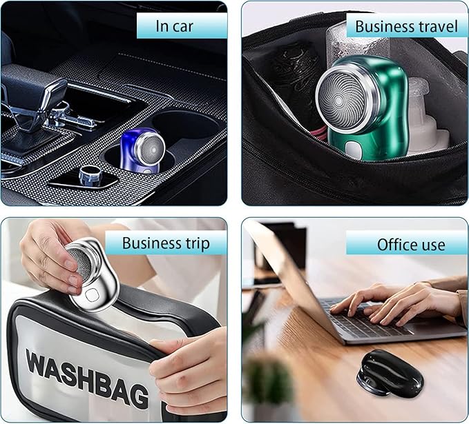 Four scenarios showing a travel shaver in use: car, business travel, office use.