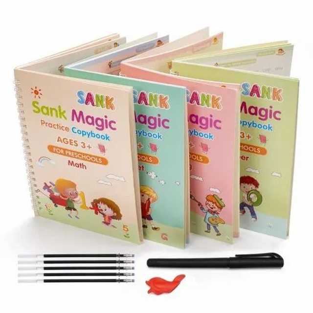 Set of colorful 'Sank Magic' practice copybooks for pre-schools with pens and a toy on a white background.