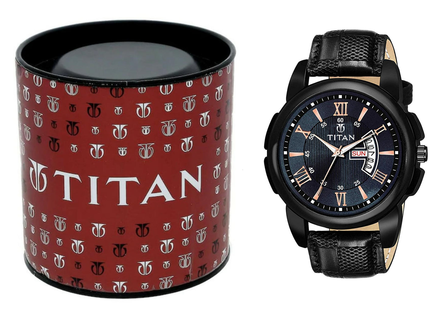 Titan watch with black strap and blue dial next to a Titan branded box on a white background