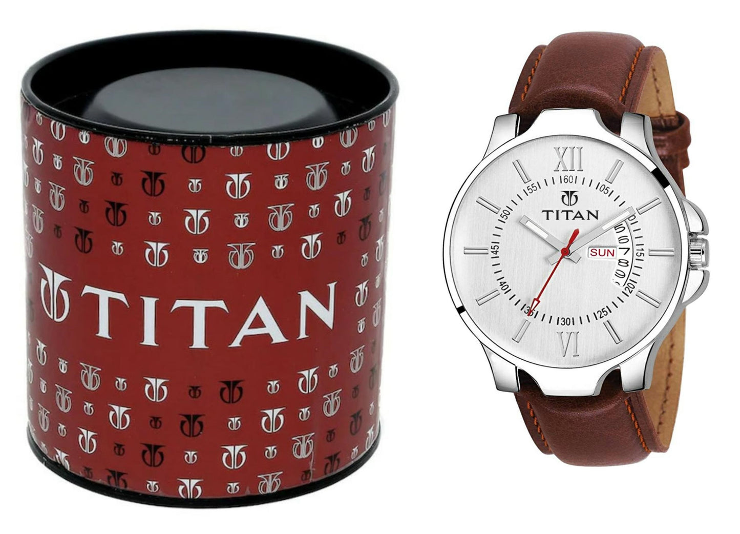 Titan watch with brown leather strap and red accents on a white background