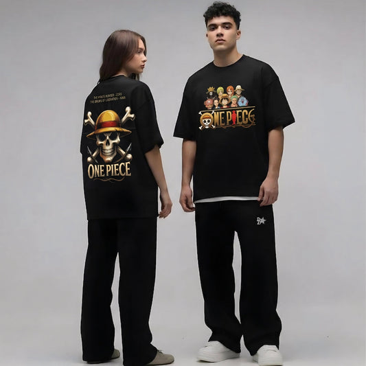 Two people wearing black 'One Piece' t-shirts on a gray background