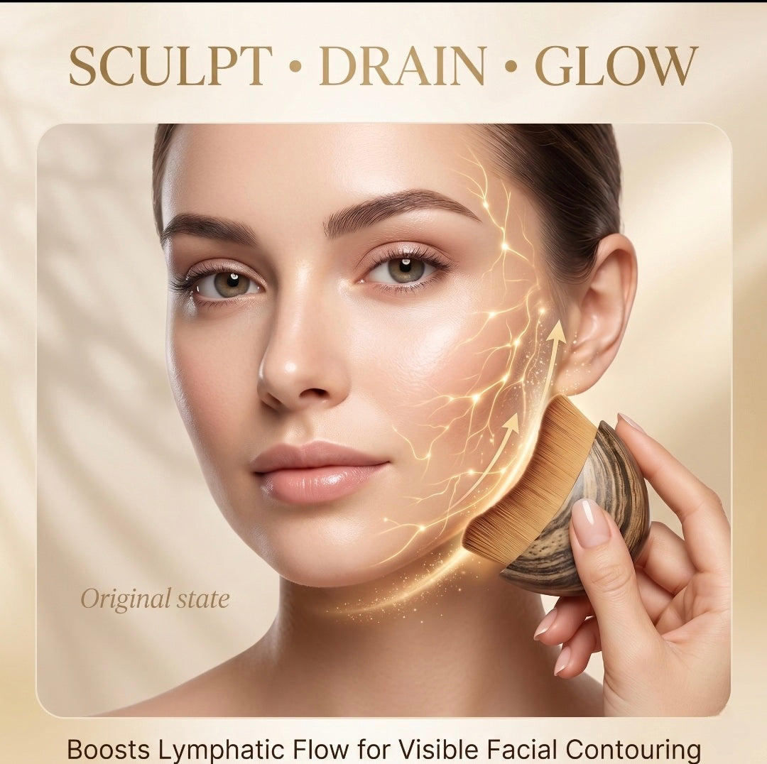 Woman applying a facial product with text 'Sculpt', 'Drain', 'Glow' on a beige background
