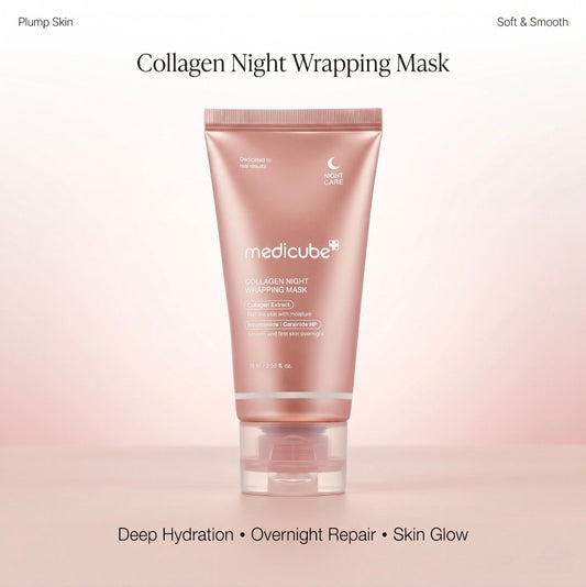 Collagen night wrapping mask by medicube on a light pink background
