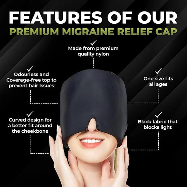Premium migraine relief cap with features listed on a black background