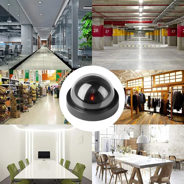 Collage of various indoor settings including a hallway, warehouse, store, office, and dining area with a central dome camera.