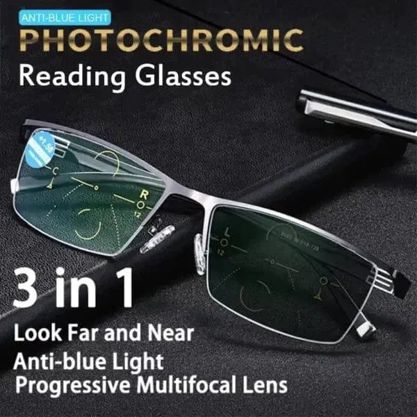 Photochromic reading glasses with anti-blue light and multifocal lenses on a dark background.