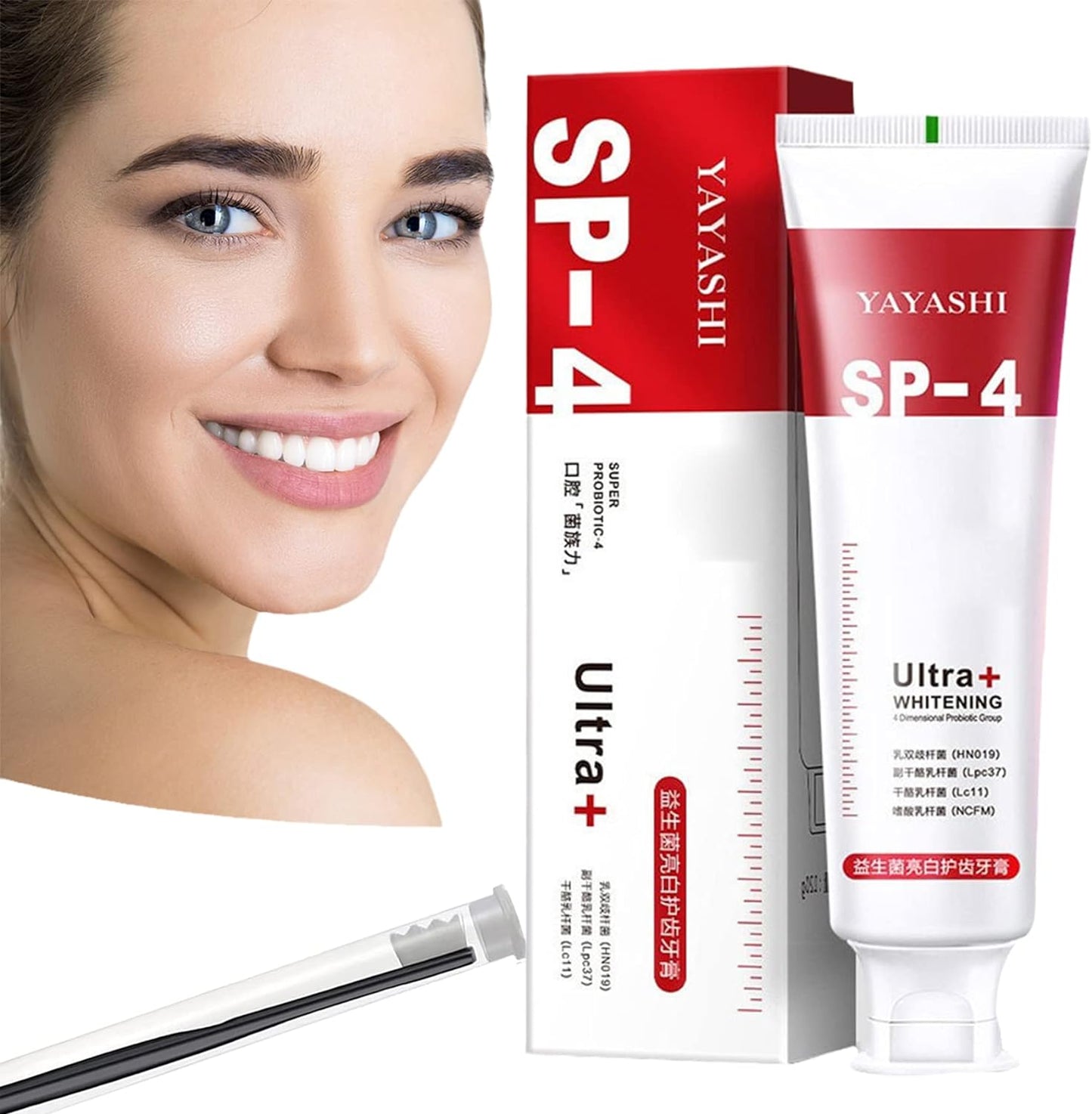 YAYASHI SP-4 Ultra+ Whitening toothpaste with packaging and a close-up of a woman's face.