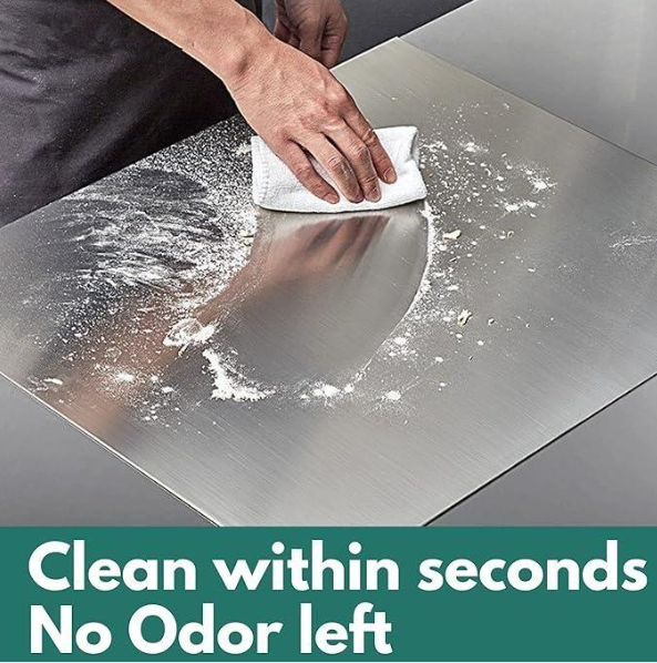 Person cleaning a metallic surface with a cloth, text 'Clean within seconds No Odor left' at the bottom.