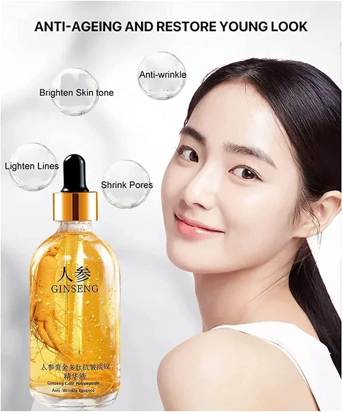 Skincare product with a woman's face and text about anti-ageing benefits on a white background