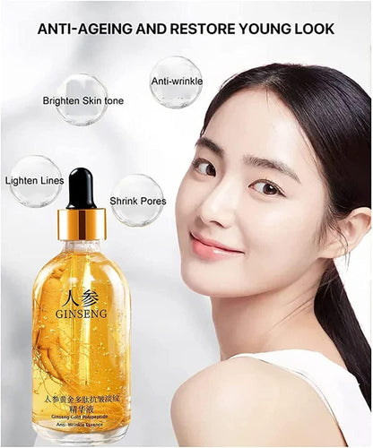 Skincare product with a woman's face and text about anti-ageing benefits on a white background