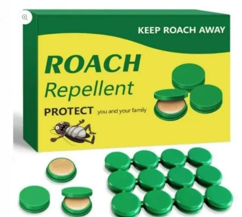 Roach Repellent packaging with green capsules on a white background
