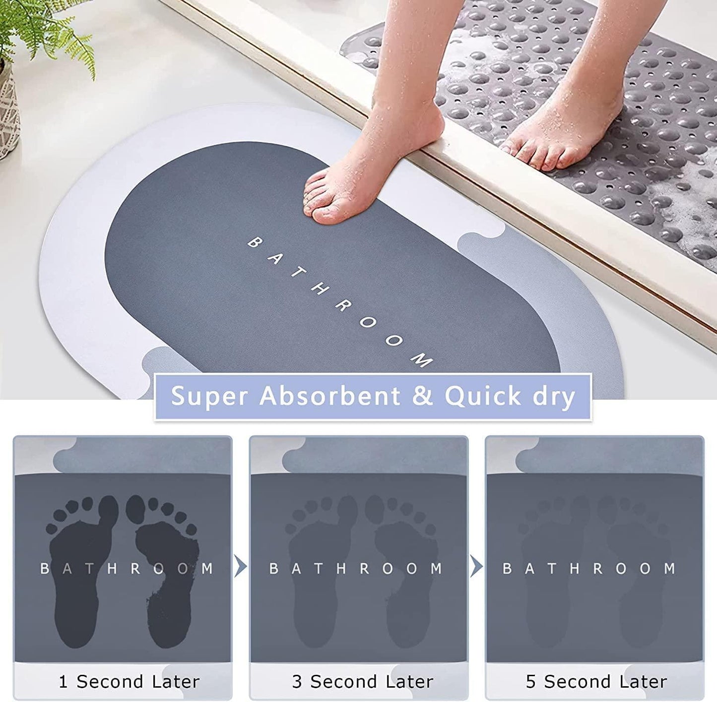 Gray bath mat with 'Bathroom' text, showing absorbent properties with water droplets.