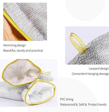 Metal mesh pouch with yellow trim, showing hemming and lanyard design, and highlighting PVC lining features.
