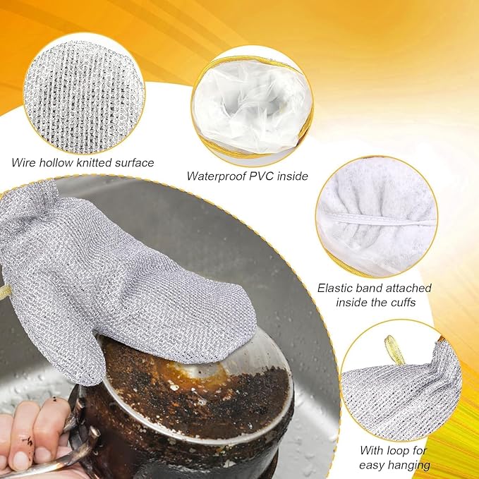 Gray scrubbing glove being used on a pot with close-up details of its construction.