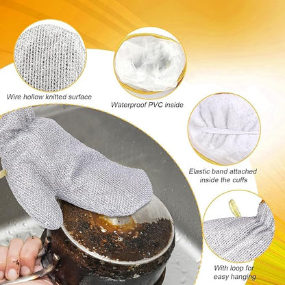 Gray scrubbing glove being used on a pot with close-up details of its construction.