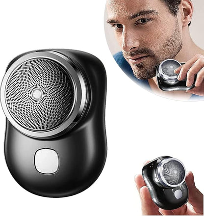 Black electric shaver with close-up of a man using it, on a white background.