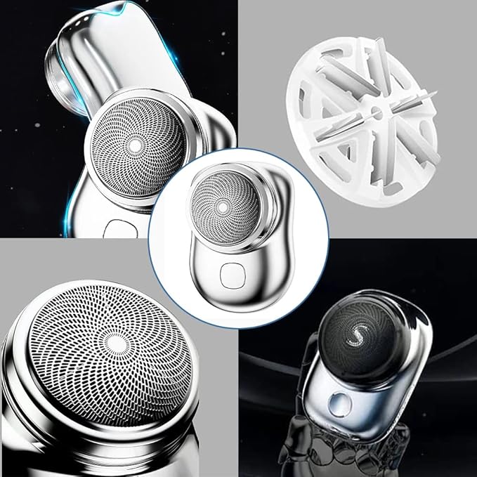 Collage of a metallic device with circular components and a brand logo.