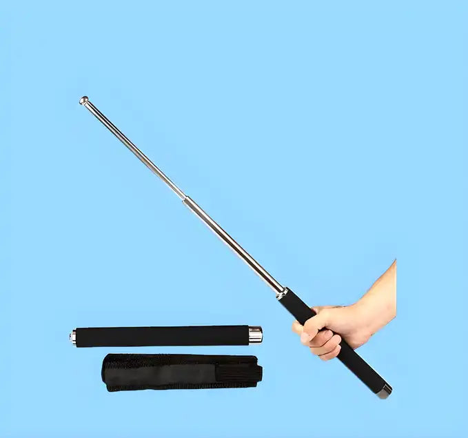Telescopic baton with black storage case on a blue background