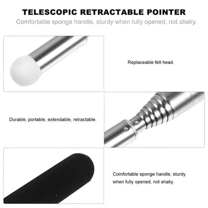 Telescopic retractable pointer with features highlighted on a white background