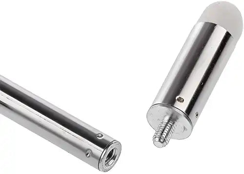 Two metallic cylindrical objects with threaded ends on a white background