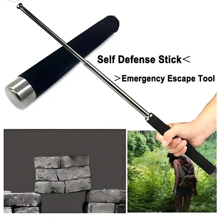 Self-defense stick with text indicating its use as an emergency escape tool, shown in a hand holding it and a scenario against a wall.