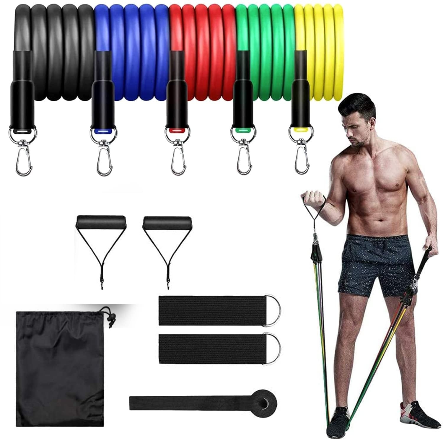 Resistance bands in various colors with a man using one, all displayed on a white background.