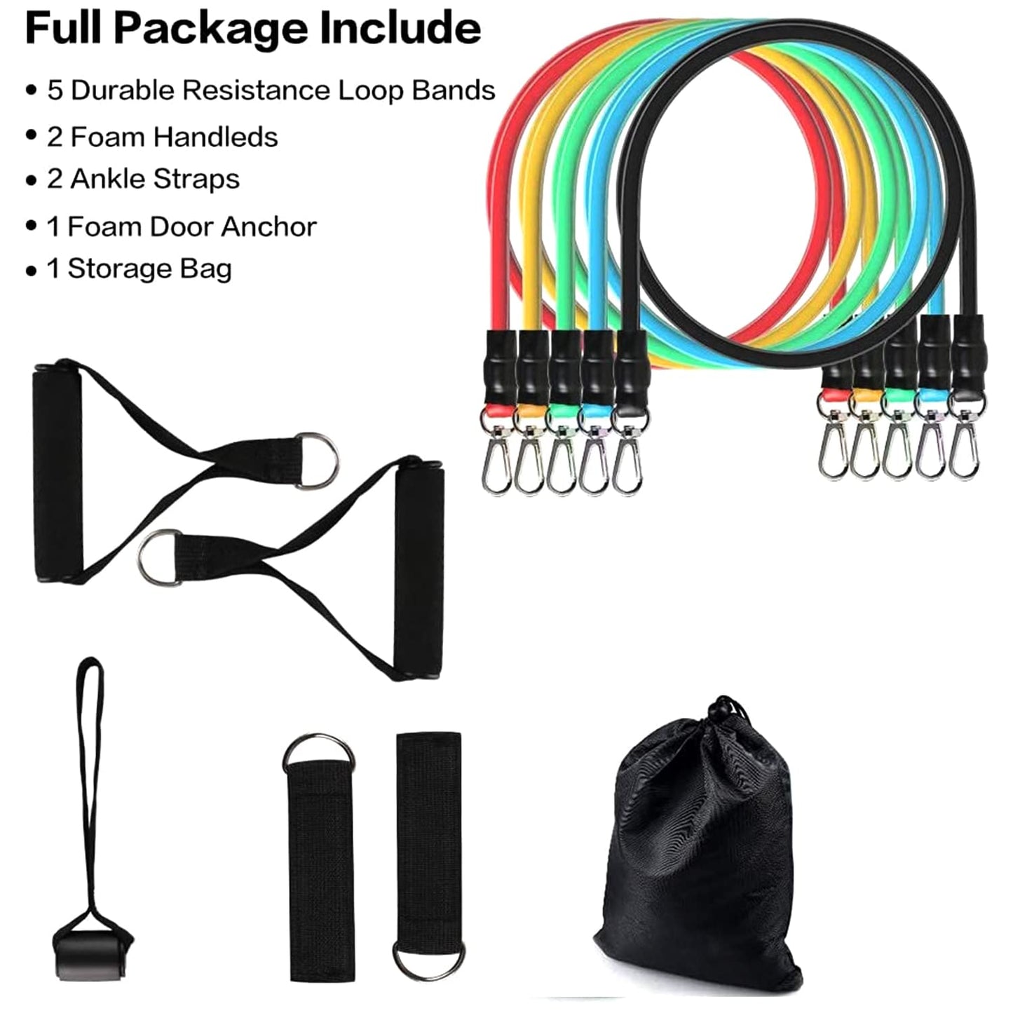 Resistance loop bands with accessories on a white background