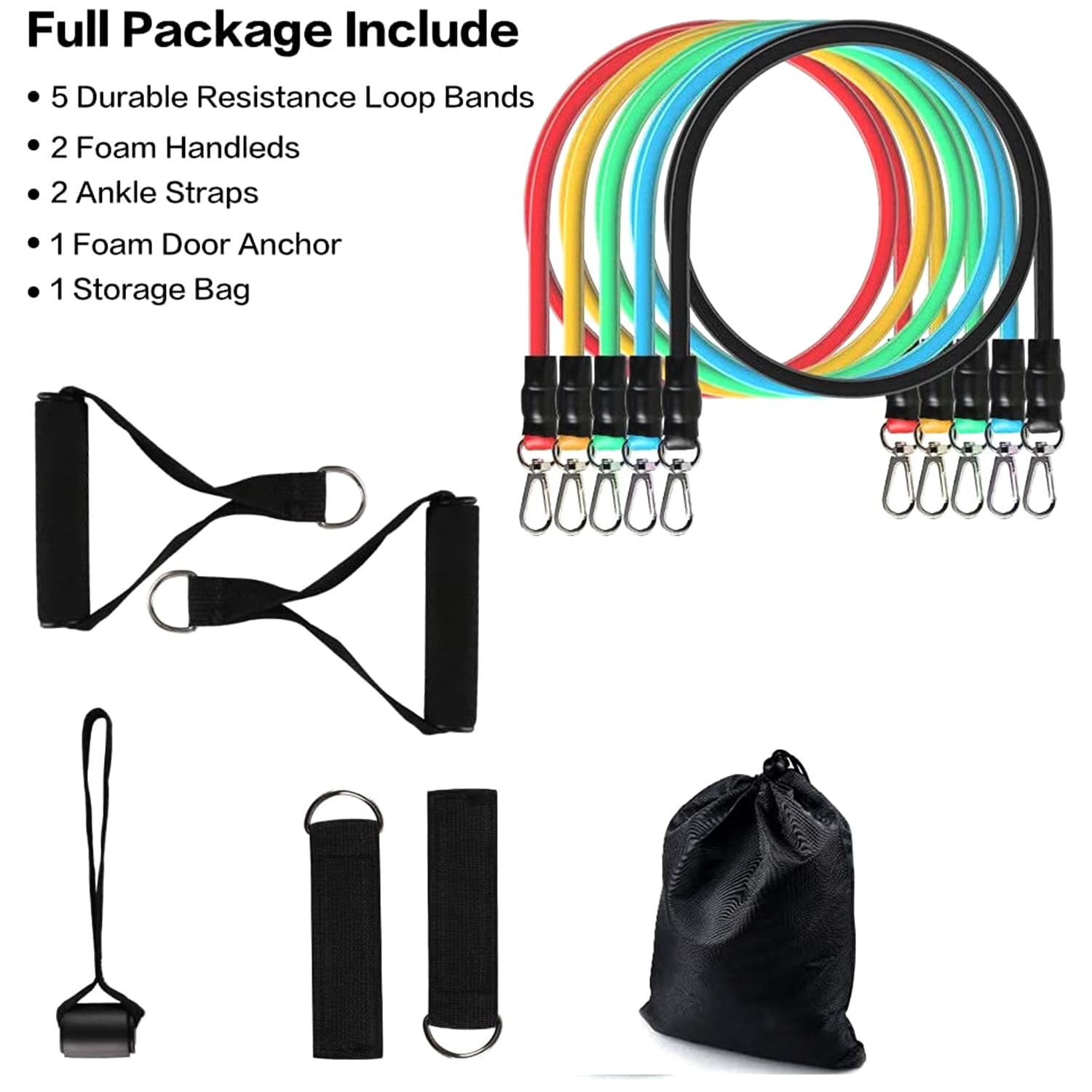 Resistance loop bands with accessories on a white background