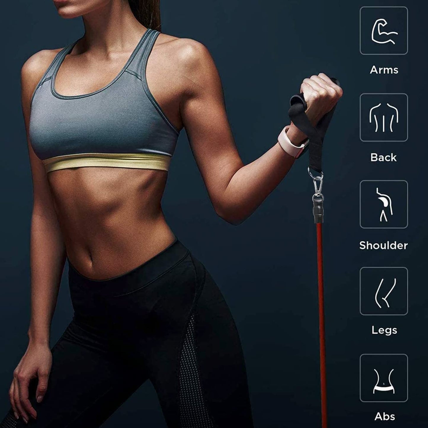 Woman in athletic wear holding a resistance band with icons indicating muscle groups on a dark background