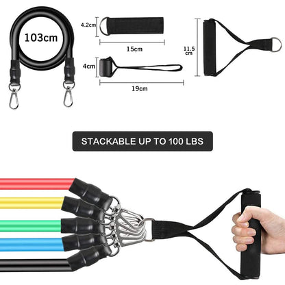 Resistance band set with measurement details and a hand holding one of the bands.