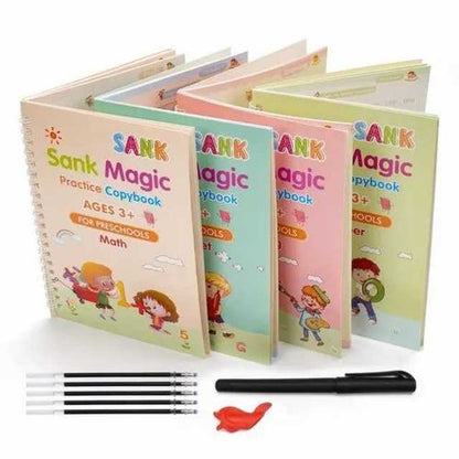 Set of colorful 'Sank Magic' practice copybooks for pre-schools with pens and a toy on a white background.