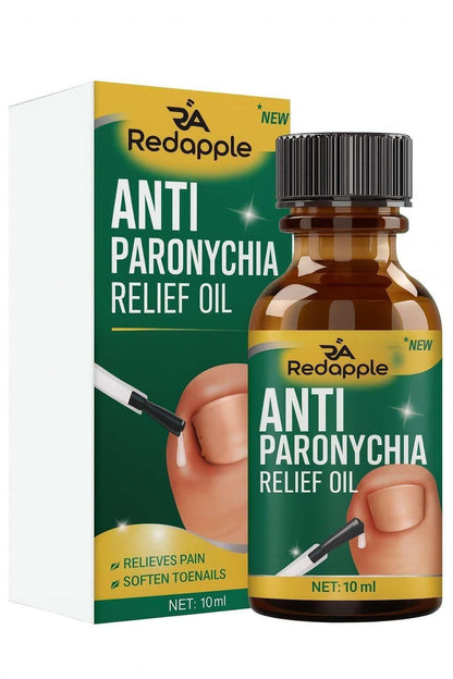 Redapple Anti Paronychia Relief Oil packaging with bottle and box on a white background