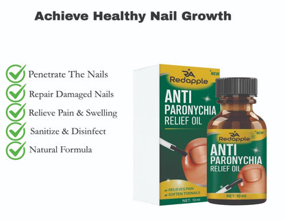 Redapple Anti Paronychia Relief Oil packaging with oil bottle and box on a white background