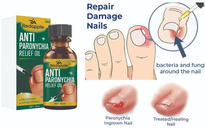 Redapple Anti Paronychia Relief Oil packaging with illustrations of nail care and oil bottle.