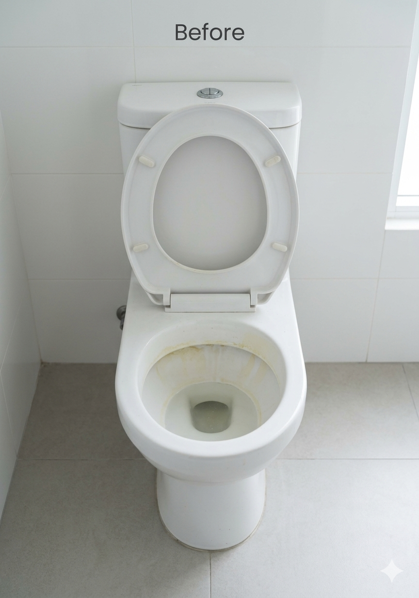 White toilet with a dirty bowl in a bathroom setting, labeled 'Before'.