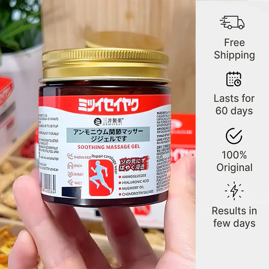 Hand holding a jar of soother massage gel with promotional text on the right