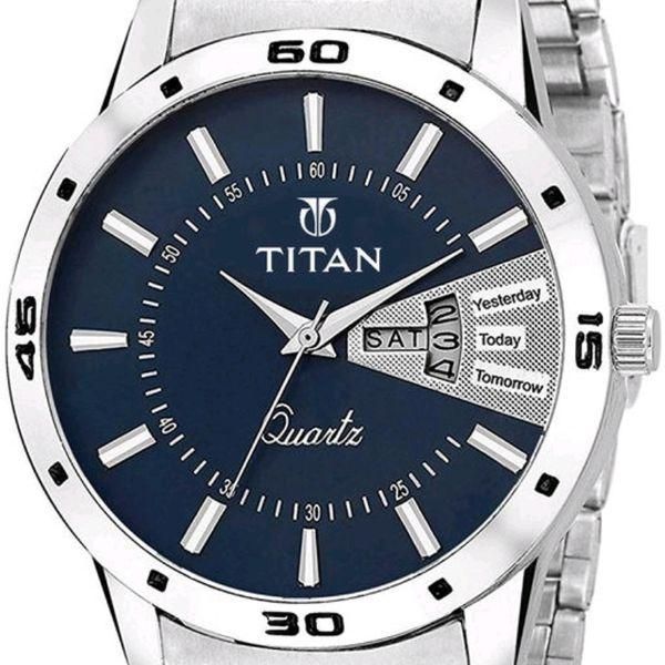 Titan watch with blue dial and silver case on a white background