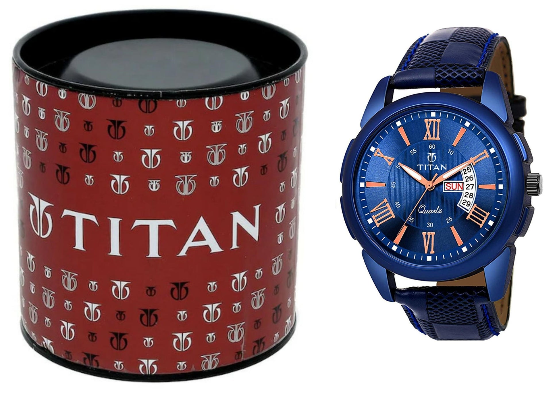 Blue Titan watch with a matching cylindrical box on a white background
