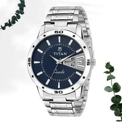 Titan watch with blue dial and silver metal strap on a white background
