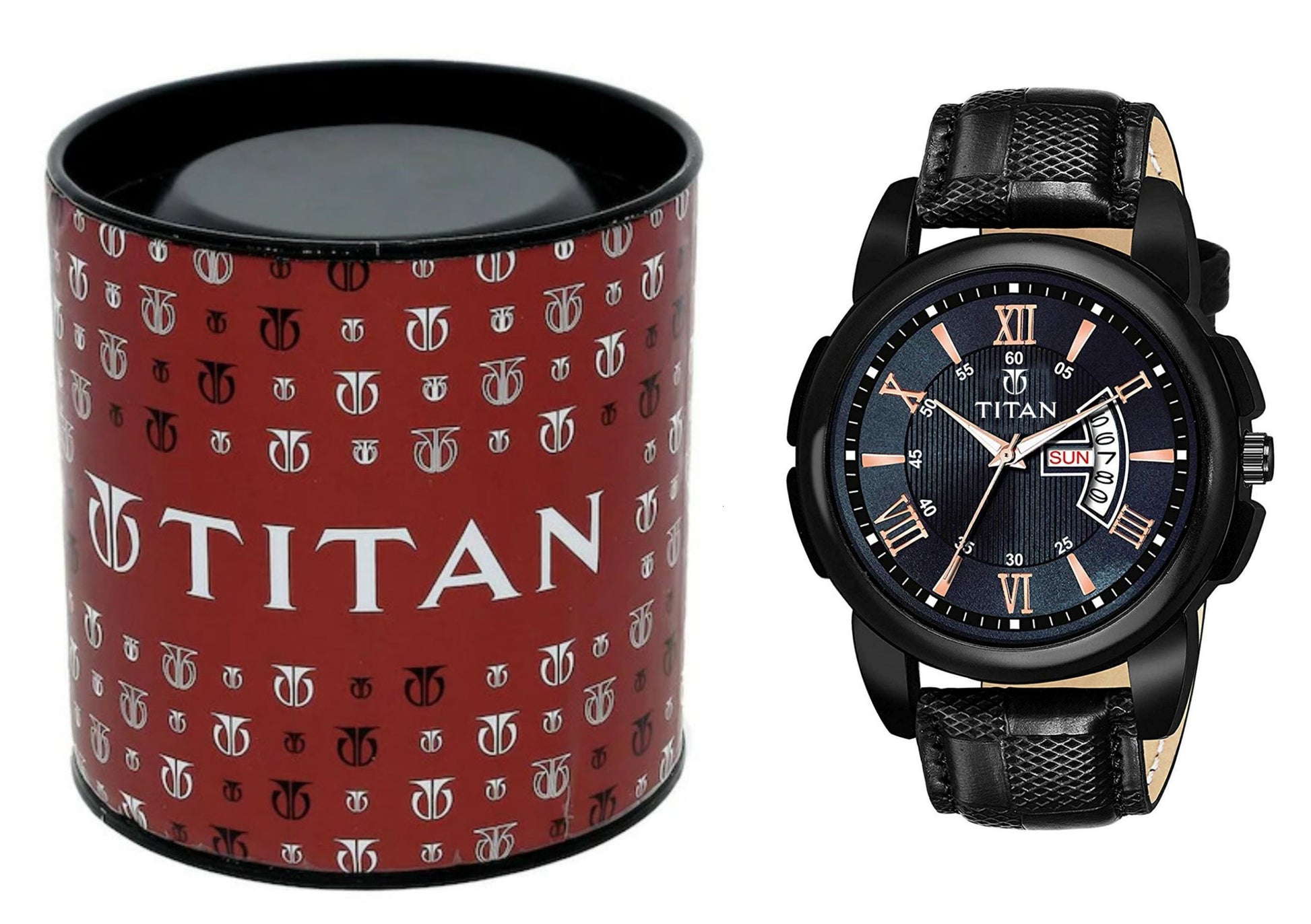 Titan watch with black strap and blue dial next to a Titan branded box on a white background