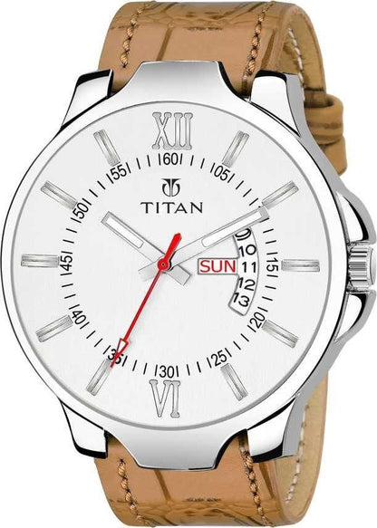 Titan watch with brown leather strap and white dial