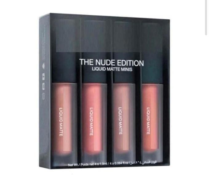 Set of liquid matte lipsticks in a black box labeled 'The Nude Edition'.