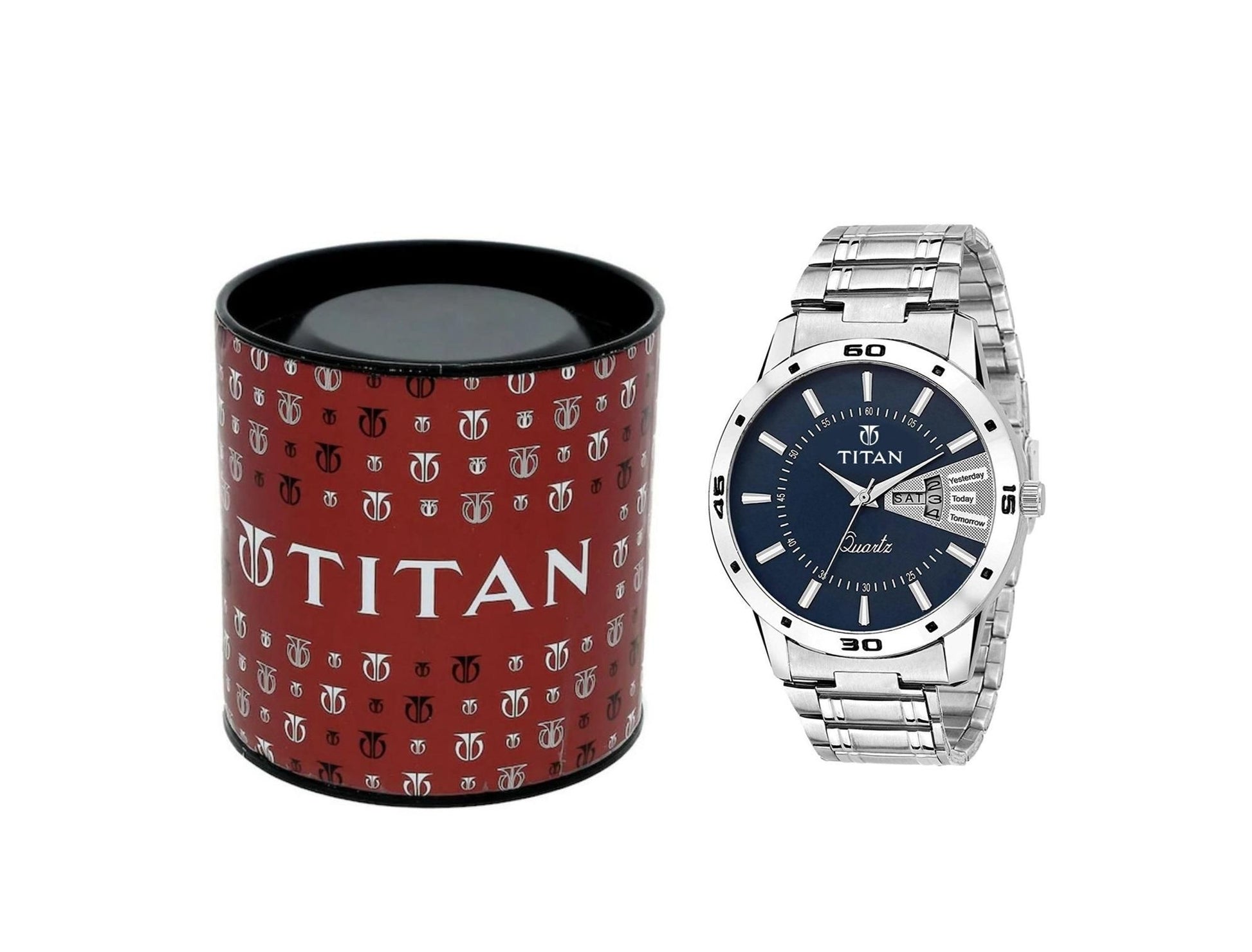 Titan watch and branded box on a white background