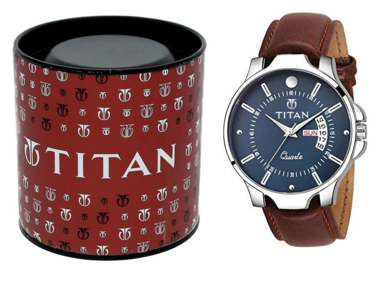 Titan watch with brown leather strap and blue dial next to a Titan branded box.