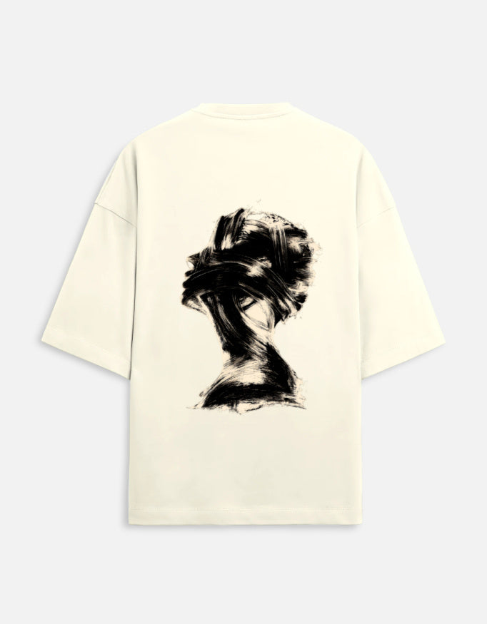 Beige t-shirt with black abstract design on a white background