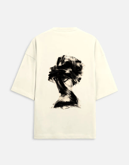 Beige t-shirt with black abstract design on a white background