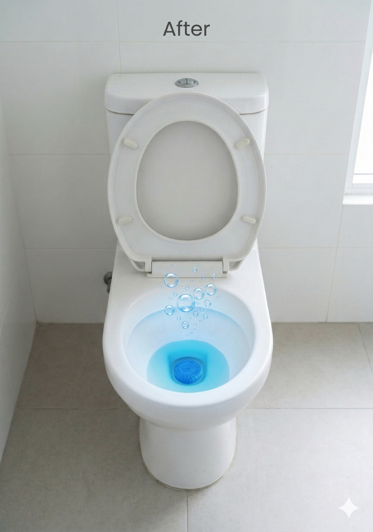White toilet with blue water in the bowl against a white tiled wall.