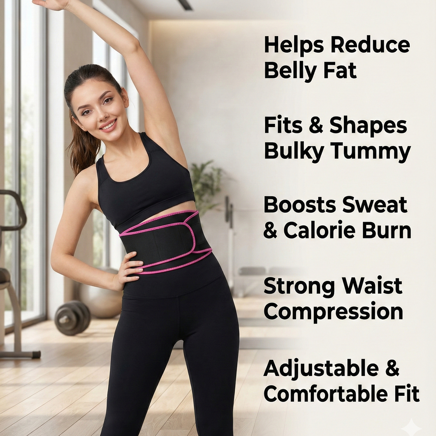 Woman wearing a black compression waist trainer with text highlighting its benefits in a home setting.