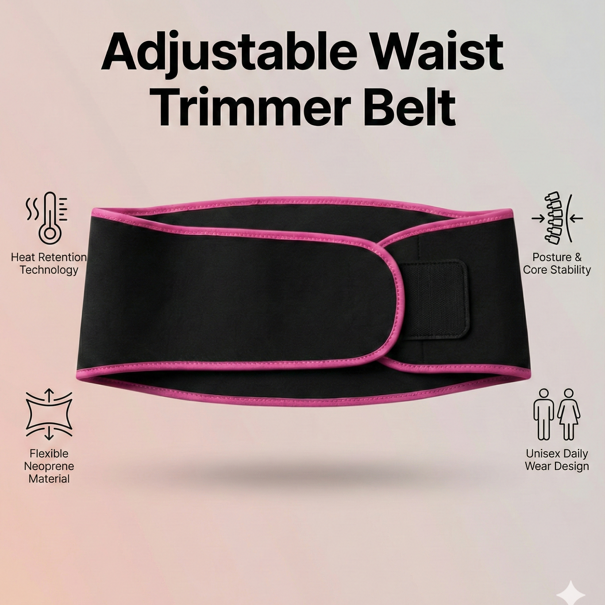 Black waist trimmer belt with pink accents on a gradient background
